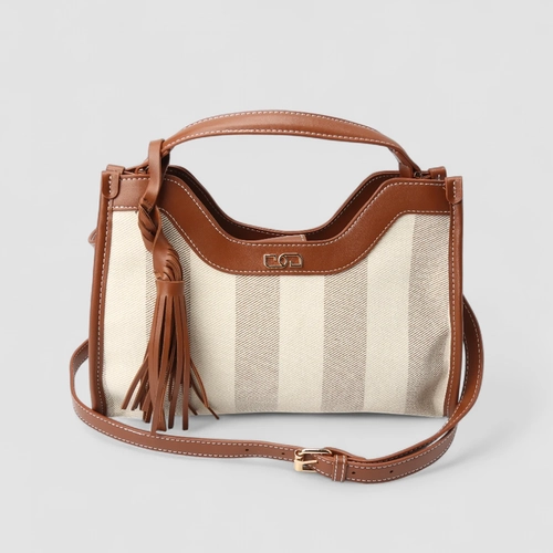 Bolsa Satchel Gabriela Média Listrada Tassel Marrom