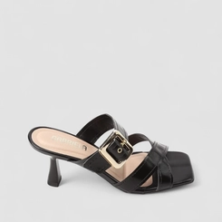 Tamanco Feminino Gabriela Salto Flare Tiras Cruzadas Fivela Preto