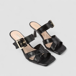 Tamanco Feminino Gabriela Salto Flare Tiras Cruzadas Fivela Preto
