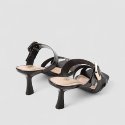 Tamanco Feminino Gabriela Salto Flare Tiras Cruzadas Fivela Preto