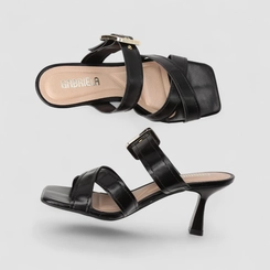 Tamanco Feminino Gabriela Salto Flare Tiras Cruzadas Fivela Preto