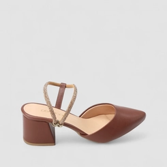 Scarpin Slingback Feminino Penélope Salto Bloco Tiras Strass Marrom