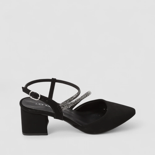 Scarpin Feminino Penélope Salto Bloco Tiras Strass Nobuck Preto