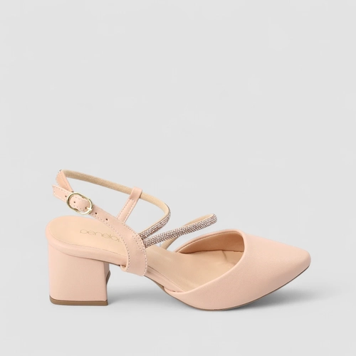 Scarpin Slingback Feminino Penelope Salto Bloco Tiras Strass Nude