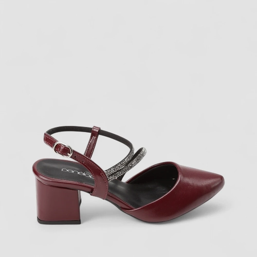 Scarpin Feminino Penélope Salto Bloco Tiras Strass Vinho