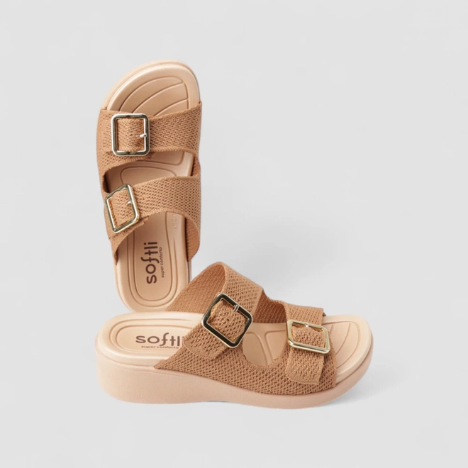 Tamanco Papete Feminino Softli Knit Fivela Dourada Caramelo
