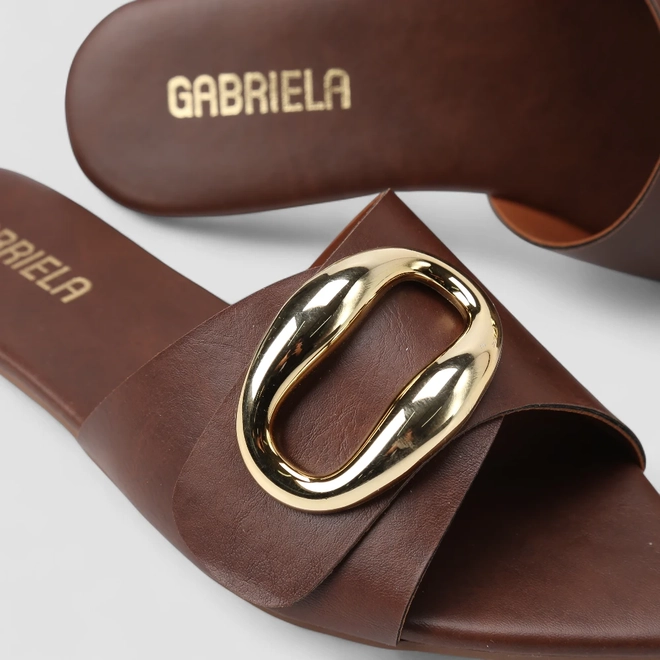 Rasteira Feminina Gabriela Fivela Dourada Marrom