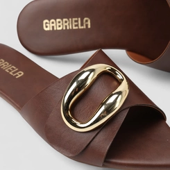 Rasteira Feminina Gabriela Fivela Dourada Marrom