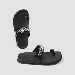Tamanco Feminino Zaxy Tira Dourada Preto
