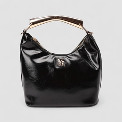 Bolsa Hobo Via Marte Média Verniz Alça Metalizada Preto
