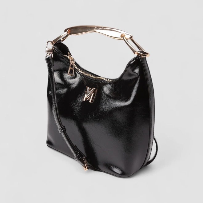 Bolsa Hobo Via Marte Grande Verniz Alça Metalizada Off Preto