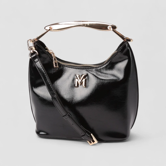 Bolsa Hobo Via Marte Grande Verniz Alça Metalizada Off Preto