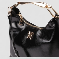 Bolsa Hobo Via Marte Grande Verniz Alça Metalizada Off Preto