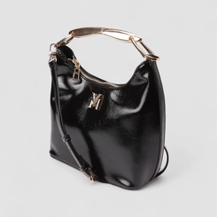 Bolsa Hobo Via Marte Grande Verniz Alça Metalizada Off Preto