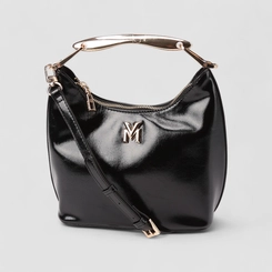 Bolsa Hobo Via Marte Grande Verniz Alça Metalizada Off Preto