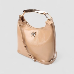 Bolsa Hobo Via Marte Média Verniz Alça Metalizada Bege