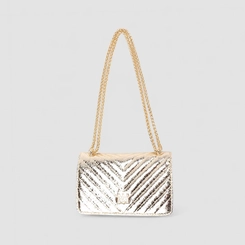 Bolsa Clutch Via Marte Pequena Alça Corrente Metalizada Ouro