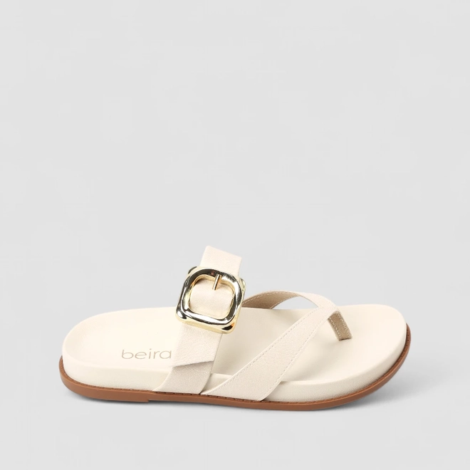 Rasteira Feminina Beira Rio Fivela Dourada Off-White