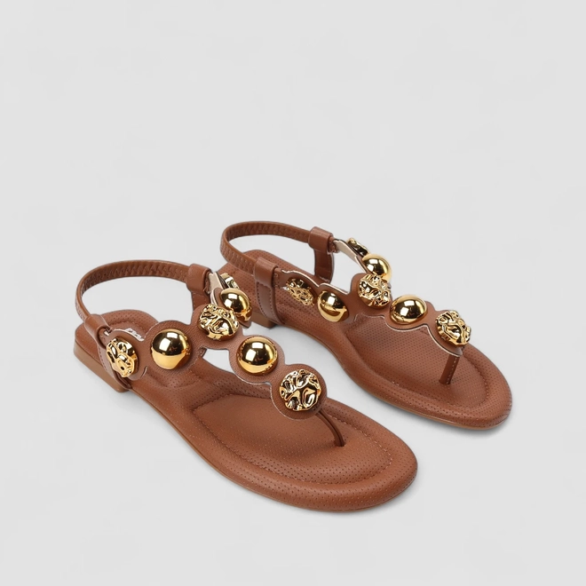 Sandália Feminina Moleca Detalhe Esferas Marrom