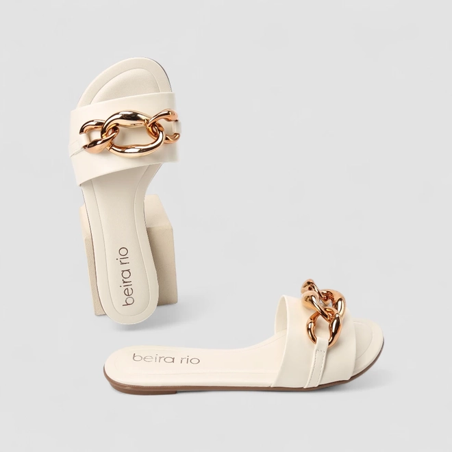 Rasteira Feminina Beira Rio Enfeite Corrente Off White