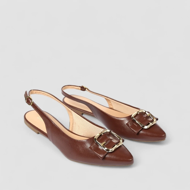 Sapatilha Slingback Feminino Gabriela Fivela Dourada Marrom