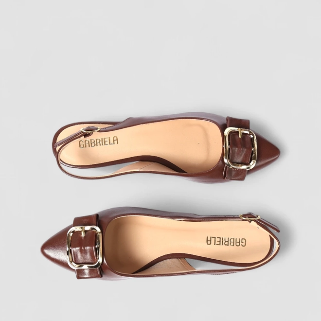 Sapatilha Slingback Feminino Gabriela Fivela Dourada Marrom