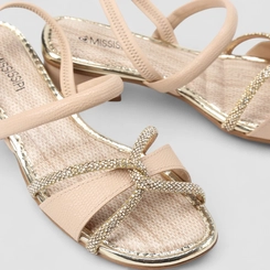 Sandália Feminina Mississipi Metalizada Textura Cobra Tiras Strass Nude