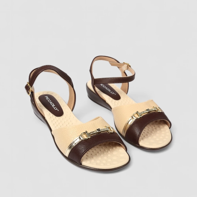 Sandália Feminina Piccadilly Detalhe Dourado Marrom Bege