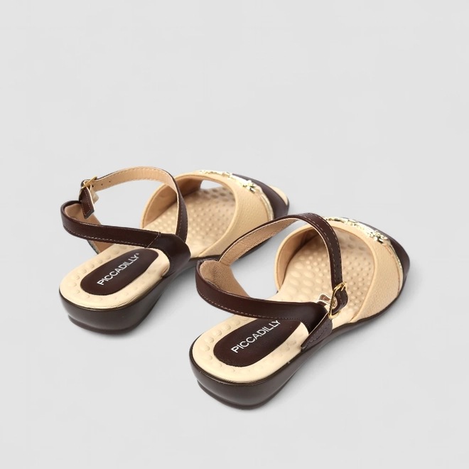 Sandália Feminina Piccadilly Detalhe Dourado Marrom Bege