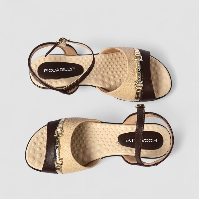 Sandália Feminina Piccadilly Detalhe Dourado Marrom Bege