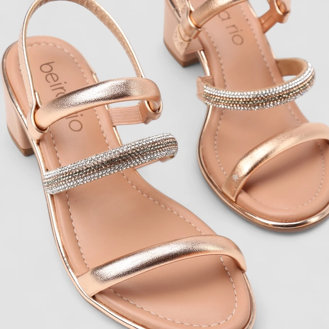 Sandália Feminina Beira Rio Metalizada Tira Strass Ouro Rosé