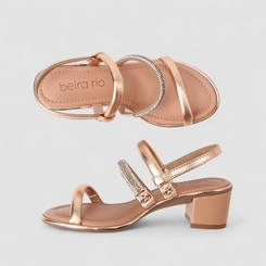 Sandália Feminina Beira Rio Metalizada Tira Strass Ouro Rosé