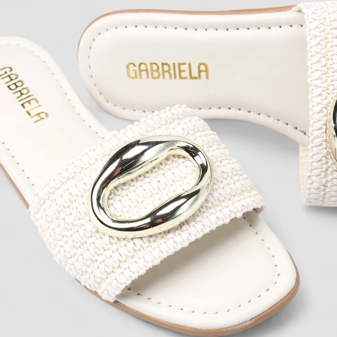 Rasteira Feminina Gabriela Rafia Detalhe Metalizado Branco