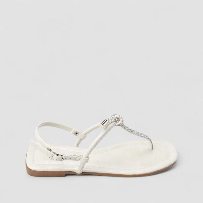 Sandália Rasteira Feminina Gabriela Detalhe Nó & Strass Off White