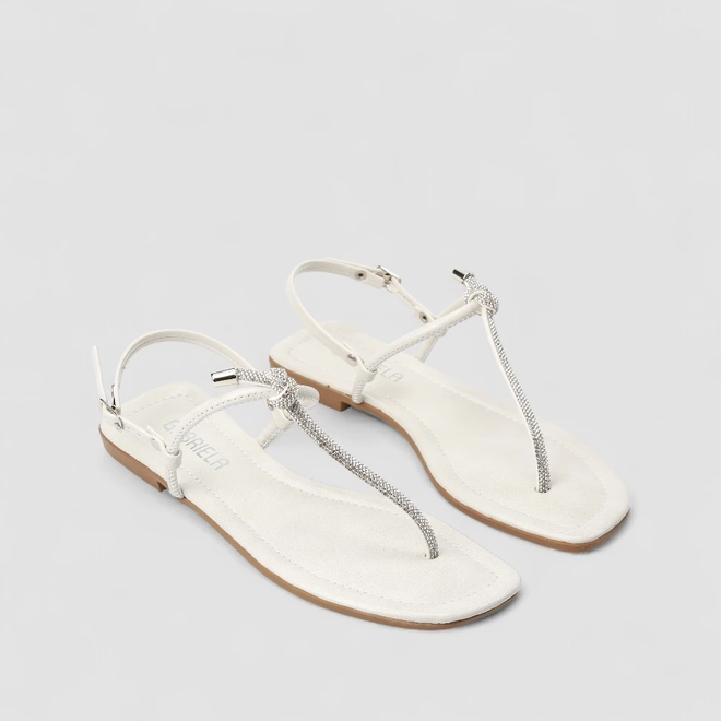 Sandália Rasteira Feminina Gabriela Detalhe Nó & Strass Off White