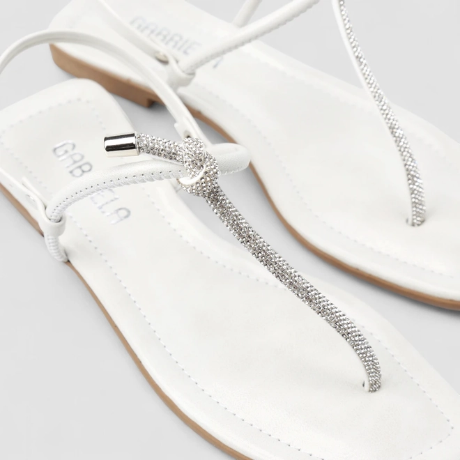 Sandália Rasteira Feminina Gabriela Detalhe Nó & Strass Off White