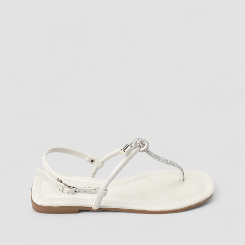 Sandália Rasteira Feminina Gabriela Detalhe Nó & Strass Off White