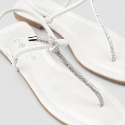 Sandália Rasteira Feminina Gabriela Detalhe Nó & Strass Off White