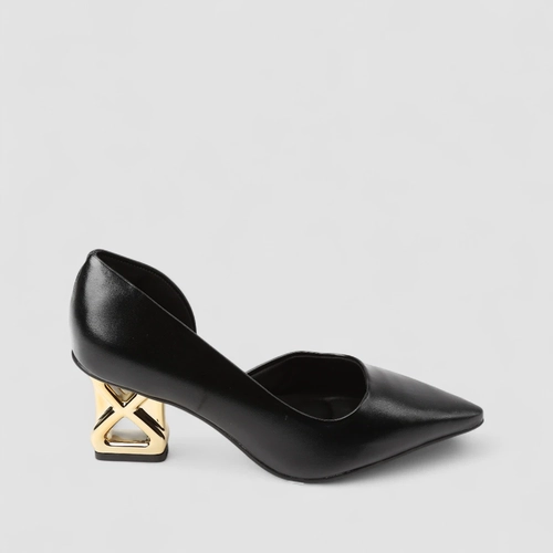 Scarpin Feminino Gabriela Salto Geométrico Dourado Preto