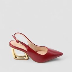 Scarpin Slingback Feminino Gabriela Salto Geométrico Dourado Vermelho