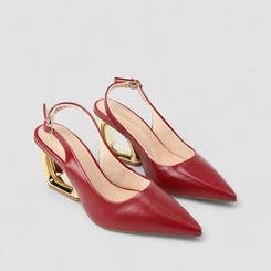Scarpin Slingback Feminino Gabriela Salto Geométrico Dourado Vermelho