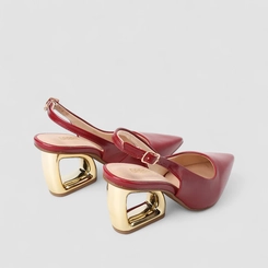 Scarpin Slingback Feminino Gabriela Salto Geométrico Dourado Vermelho