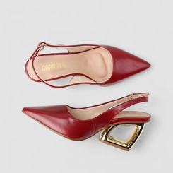 Scarpin Slingback Feminino Gabriela Salto Geométrico Dourado Vermelho
