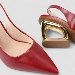 Scarpin Slingback Feminino Gabriela Salto Geométrico Dourado Vermelho