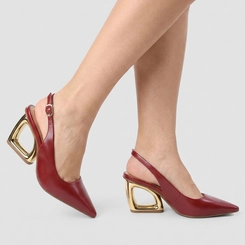 Scarpin Slingback Feminino Gabriela Salto Geométrico Dourado Vermelho