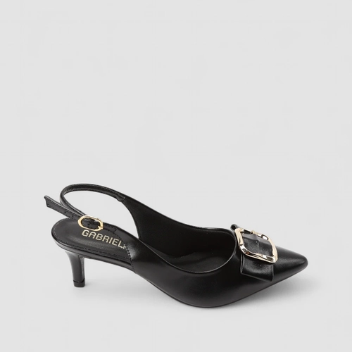 Scarpin Slingback Feminino Gabriela Salto Fino Fivela Dourada Preto