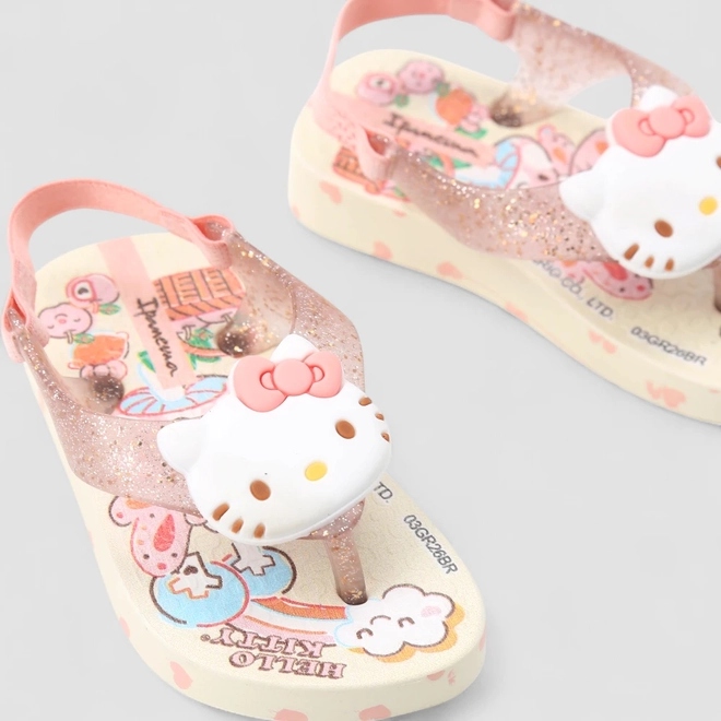 Chinelo Bebê Ipanema Hello Kitty Glitter Rosa & Bege