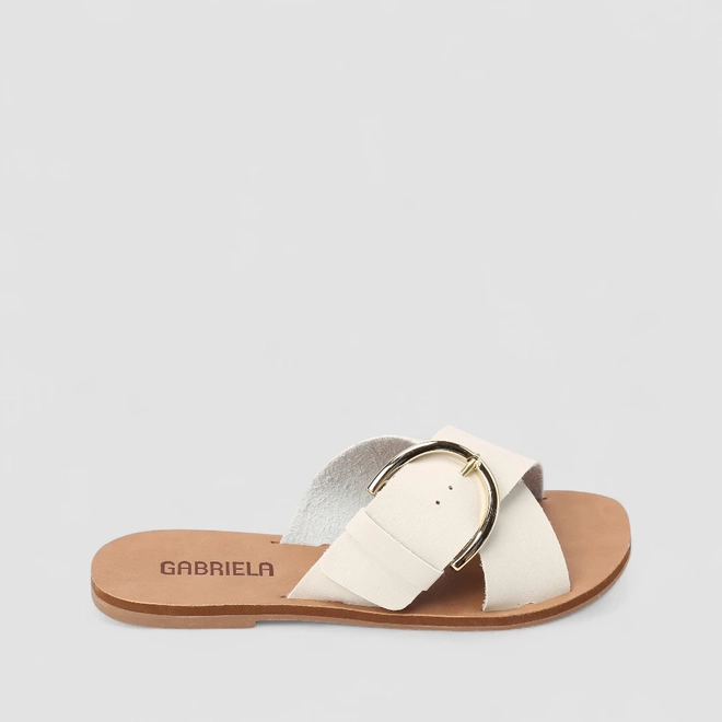 Tamanco Rasteiro Feminino Gabriela Fivela Tiras Cruzadas Off White