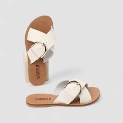 Tamanco Rasteiro Feminino Gabriela Fivela Tiras Cruzadas Off White