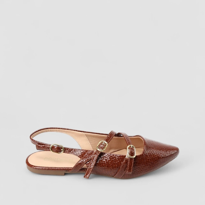 Sapatilha Boneca Slingback Feminina Gabriela Tiras Slim Fivelas Textura Cobra Marrom